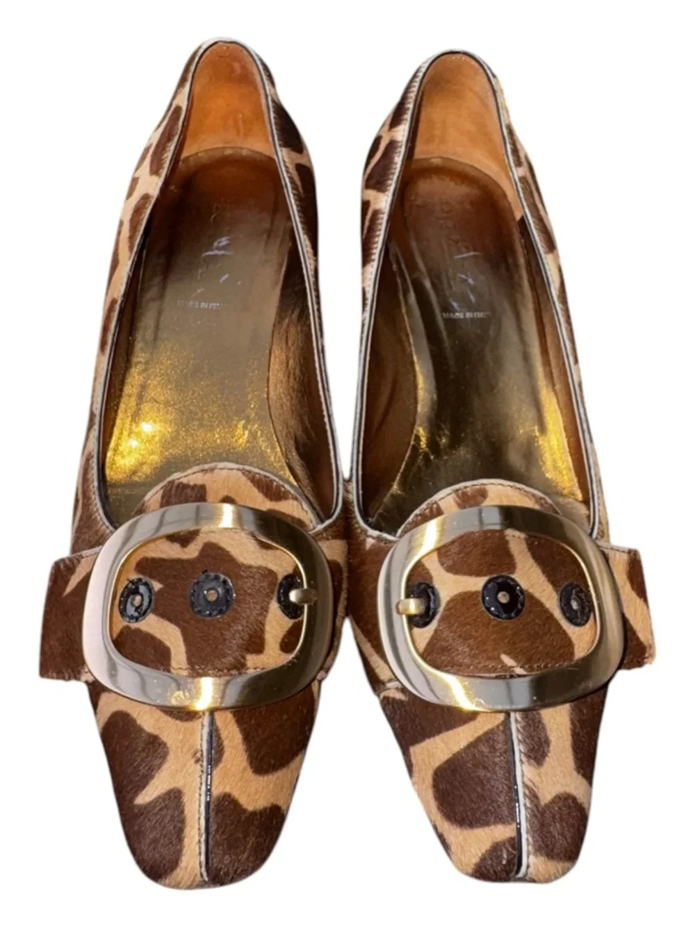 PRADA Calf Hair Giraffe Print Square Toe Kitten Heels Gold Buckle Sz 36.5 US 6.5 - Picture 2 of 15